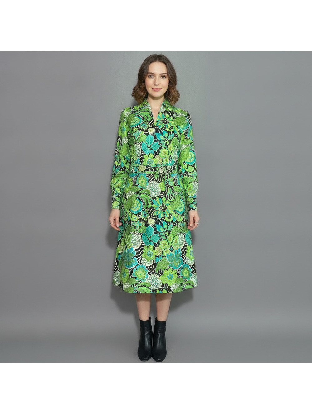 Vintage 70s Retro Silk Long Sleeve Belted Shirt Dress Green Floral Midi S/M Mod - Picture 2 of 12